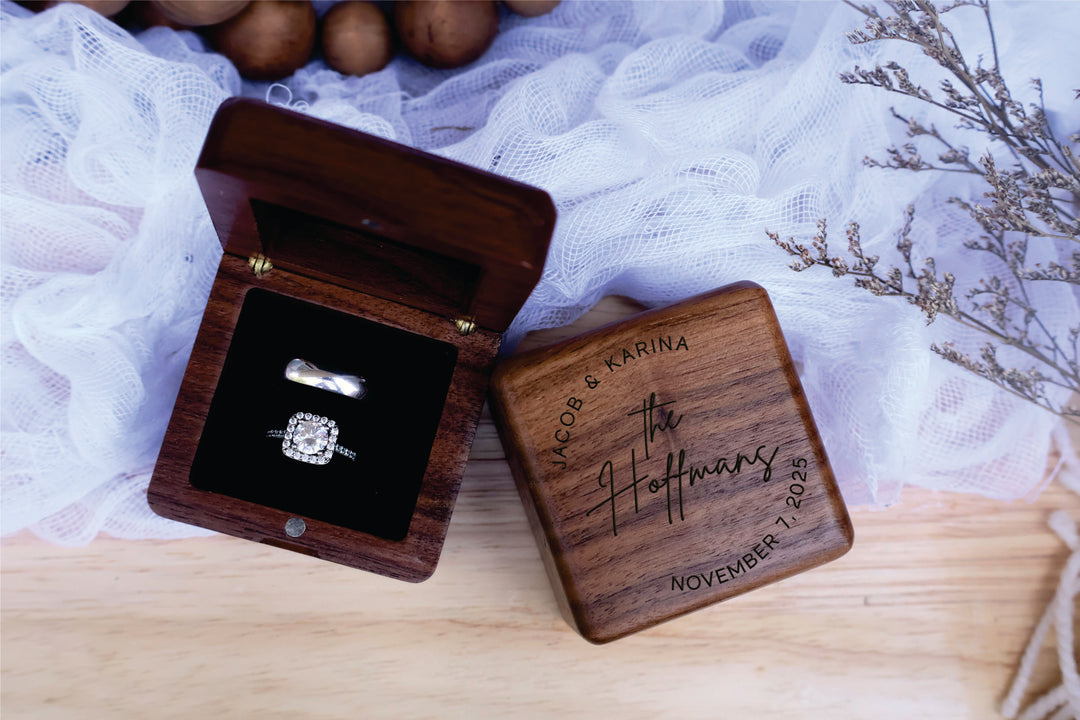 Square Wedding Ring Box For Proposal, Engagement, Wedding Day, Anniversary. Engraved Square Ring Box