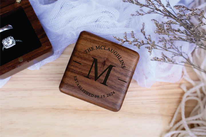 Square Wedding Ring Box For Proposal, Engagement, Wedding Day, Anniversary. Engraved Square Ring Box