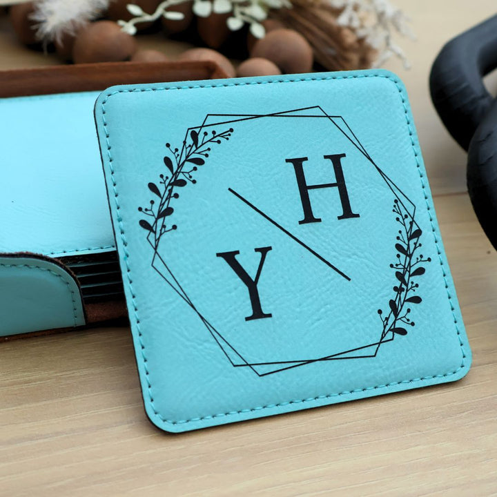 Custom Leatherette Square Coasters. Set of 6. Engraved Square Leatherette Coasters