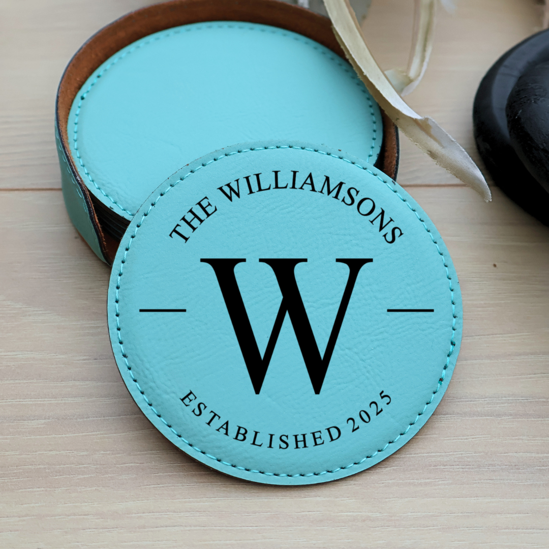 Custom Coaster Set. Engraved Round Leatherette Coasters