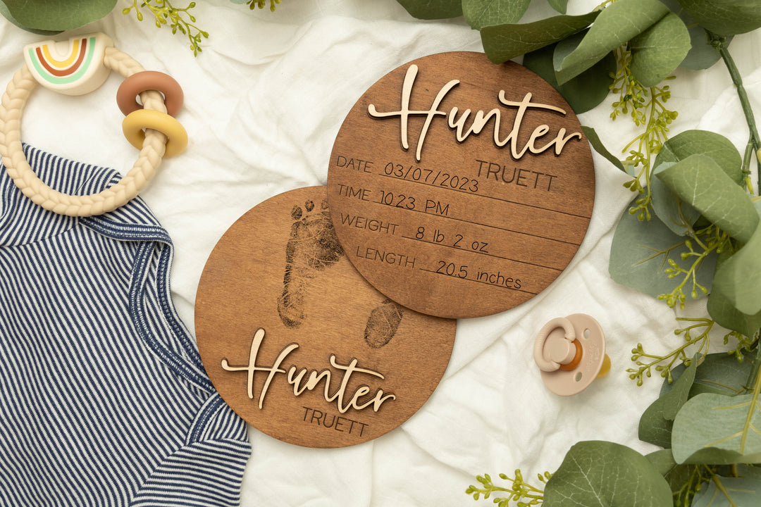 Birth Announcement Sign + Footprint Sign, Stained Sign. Personalized for Newborn Baby at Hospital, Laser Baby Footprint