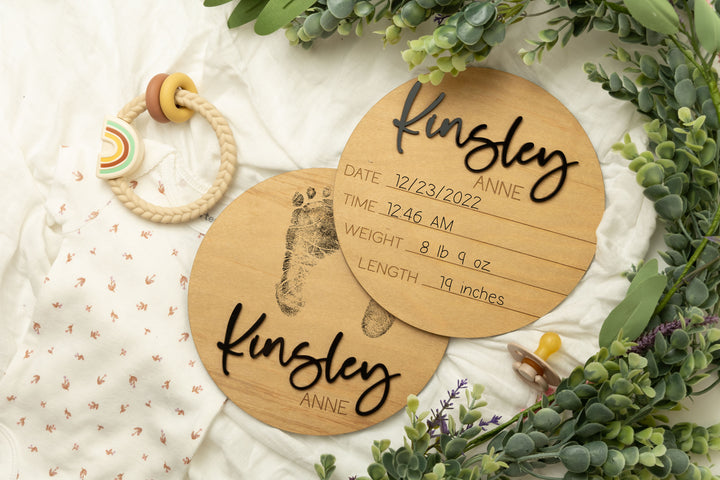 Birth Announcement Sign + Footprint Sign, Stained Sign. Personalized for Newborn Baby at Hospital, Laser Baby Footprint
