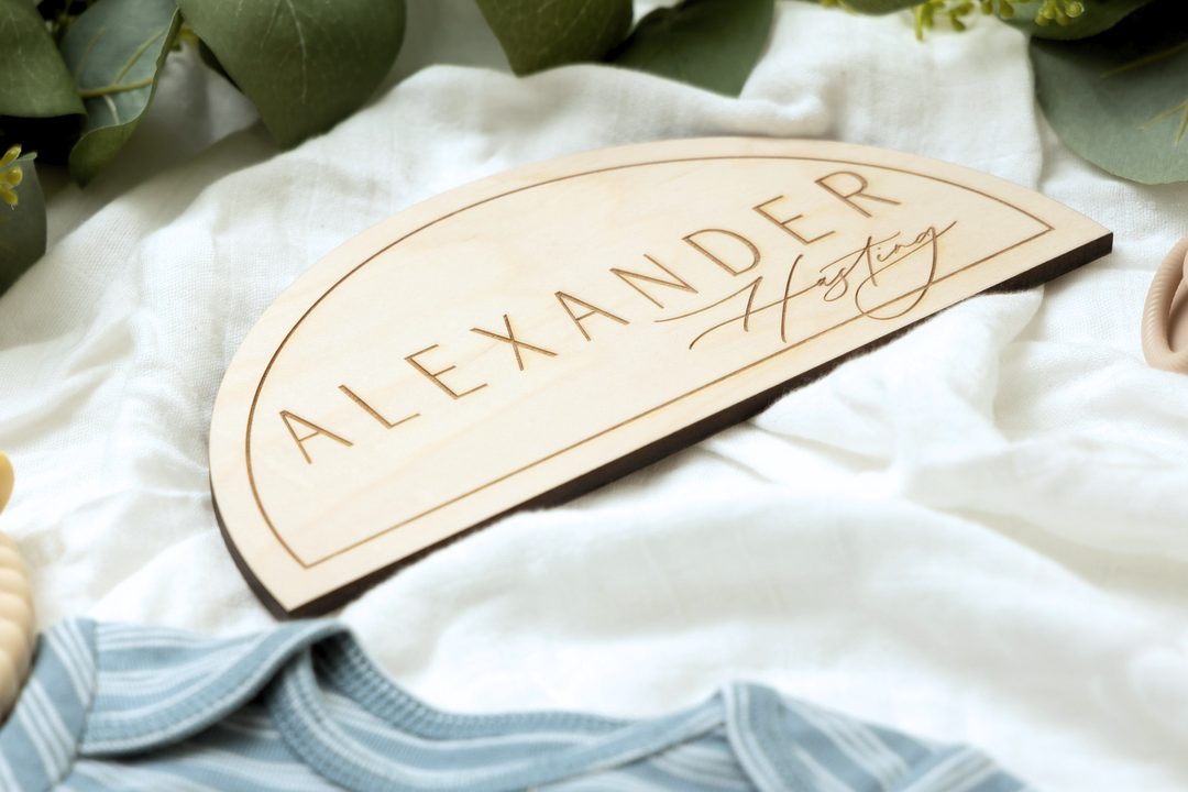 Half Circle Shaped Birth Announcement Sign, Personalized for Newborn Baby at Hospital, Laser Birth Half Circle
