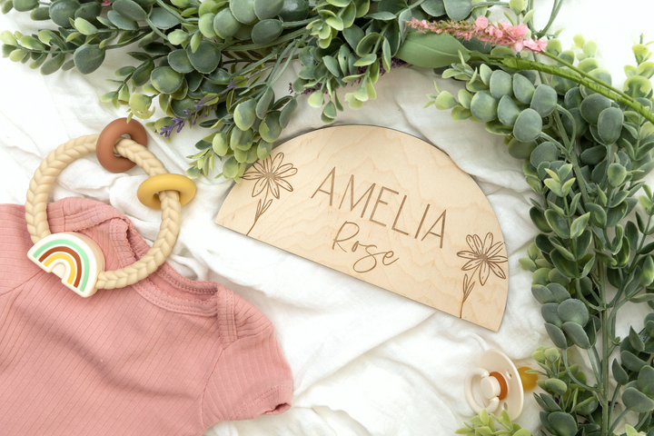 Half Circle Shaped Birth Announcement Sign, Personalized for Newborn Baby at Hospital, Laser Birth Half Circle