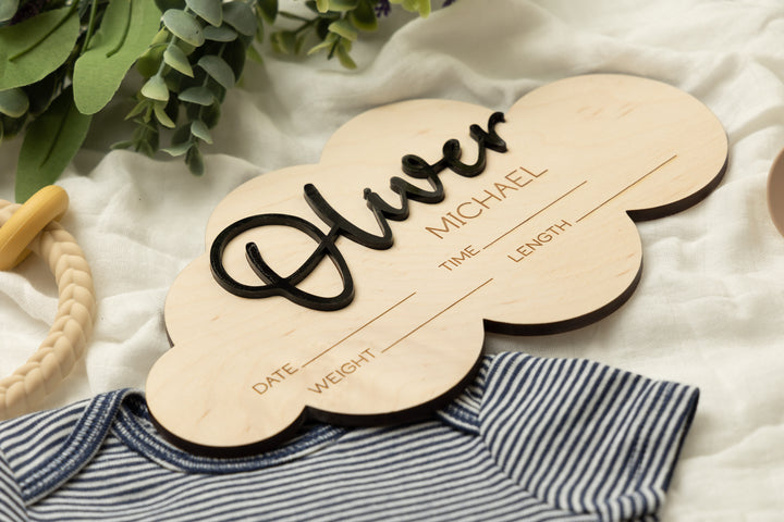 Natural Wood Cloud Shaped Birth Stat Sign Personalized for Newborn Baby, Laser Cloud