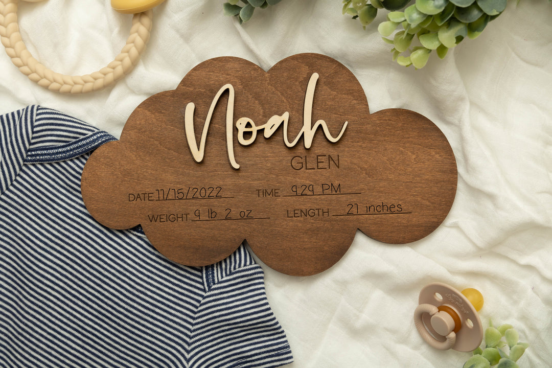 Cloud Shaped Birth Stat Sign Personalized for Newborn Baby, Laser Cloud