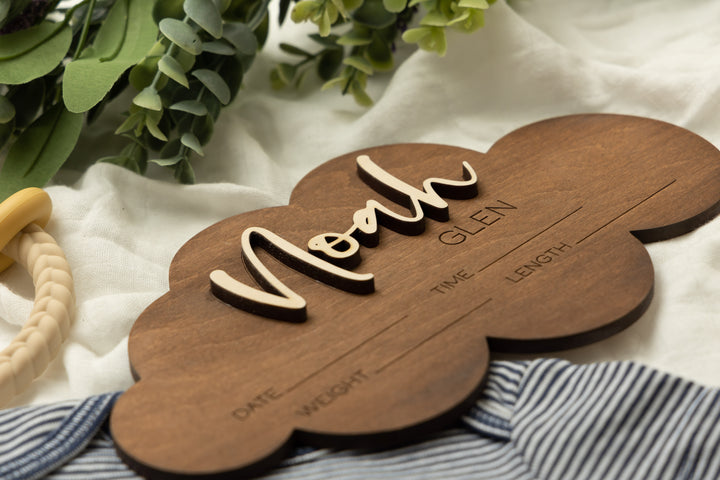 Cloud Shaped Birth Stat Sign Personalized for Newborn Baby, Laser Cloud
