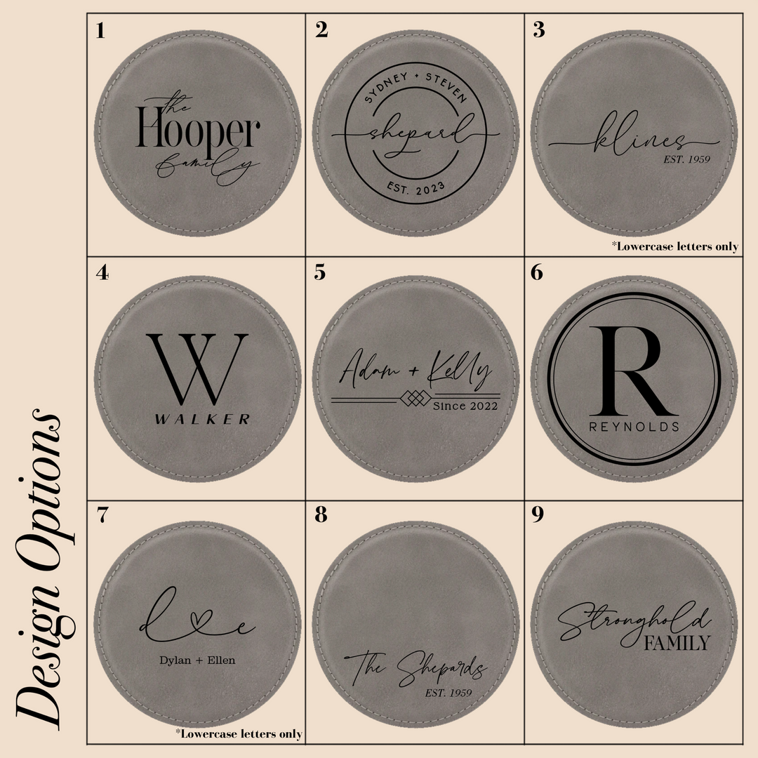 Set of 6 Round Personalized Coasters With Holder. Engraved Round Leatherette Coasters