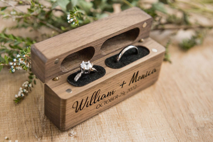 Personalized Slim Double Slot Wedding Ring Box. Engraved Flip Top Ring