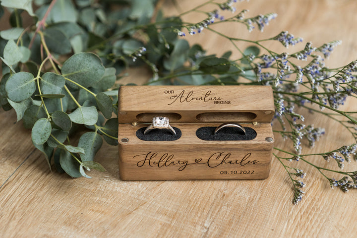 Personalized Slim Double Slot Wedding Ring Box. Engraved Flip Top Ring