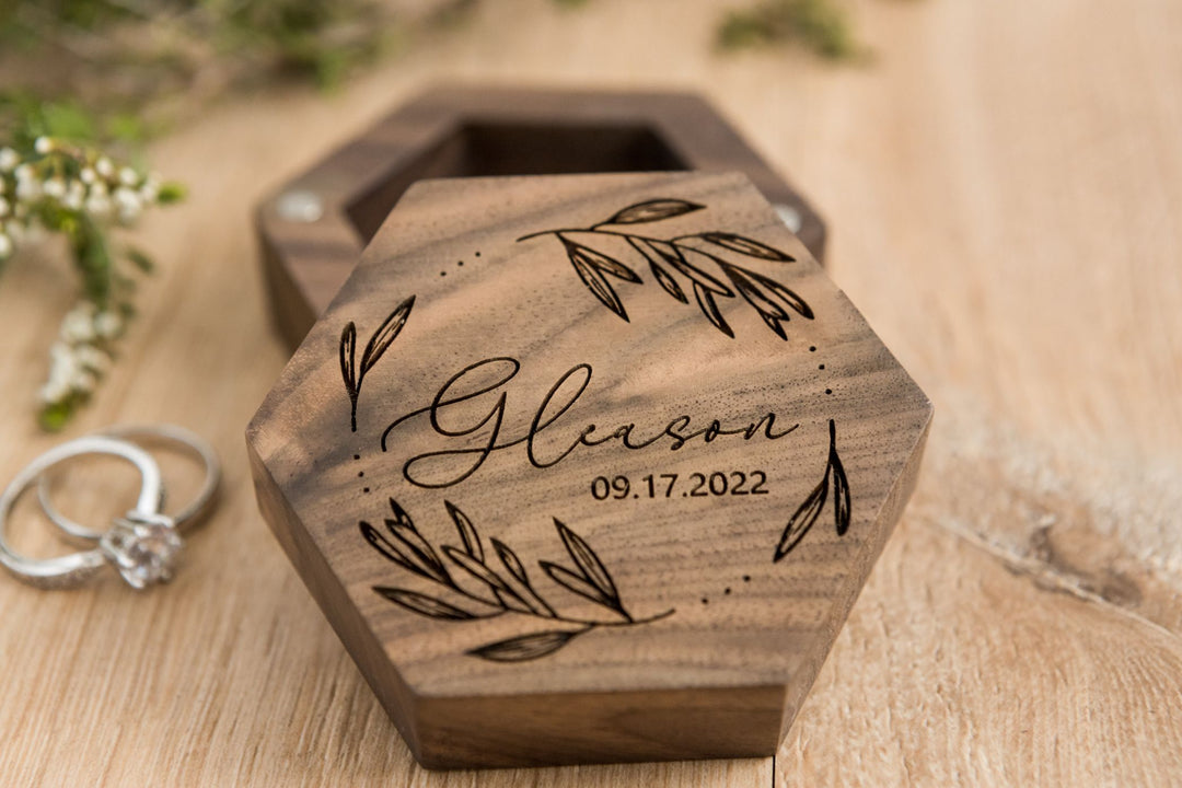 Hexagonal Wedding Ring Box For Proposal or Wedding Day. Engraved Hex Ring