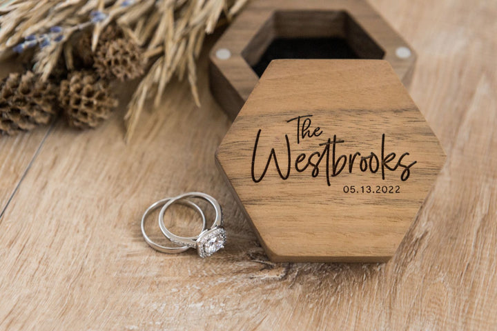 Hexagonal Wedding Ring Box For Proposal or Wedding Day. Engraved Hex Ring