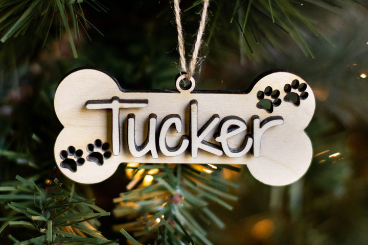 Personalized Bone Shaped Pet Ornament. Laser Pet Orn Bone & Paws