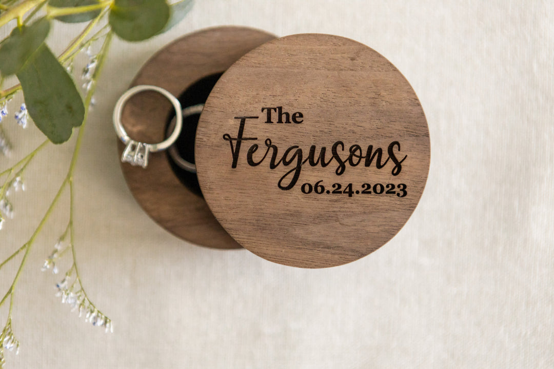 Personalized Round Wedding Ring Box For Ceremony. Engraved Round Ring