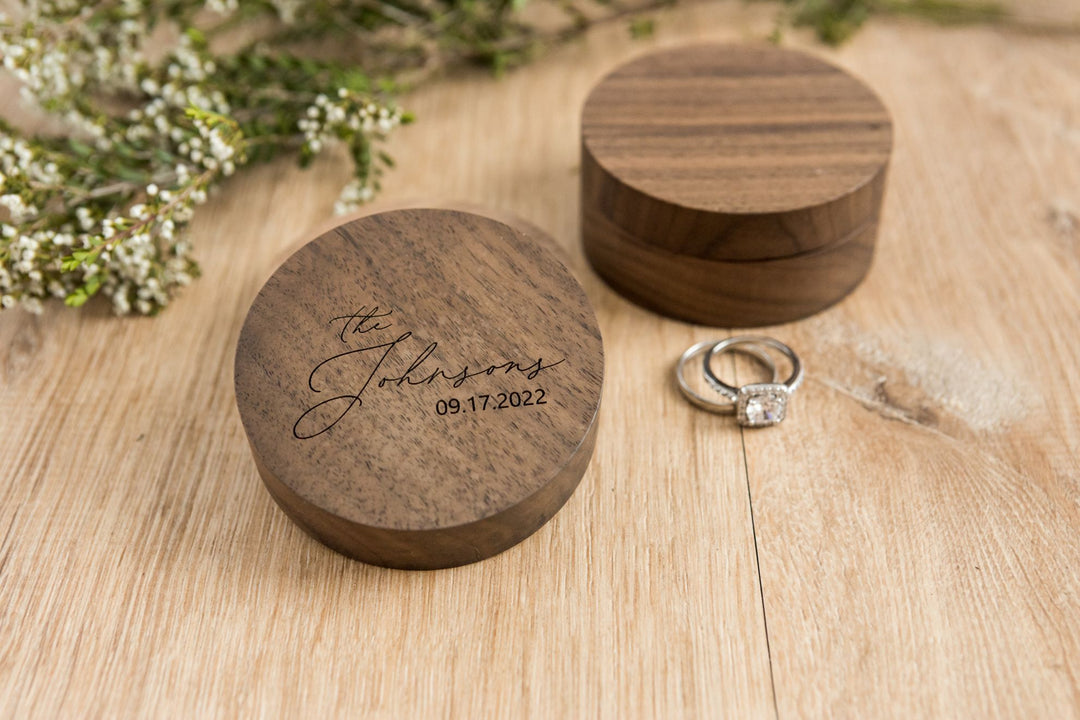 Personalized Round Wedding Ring Box For Ceremony. Engraved Round Ring