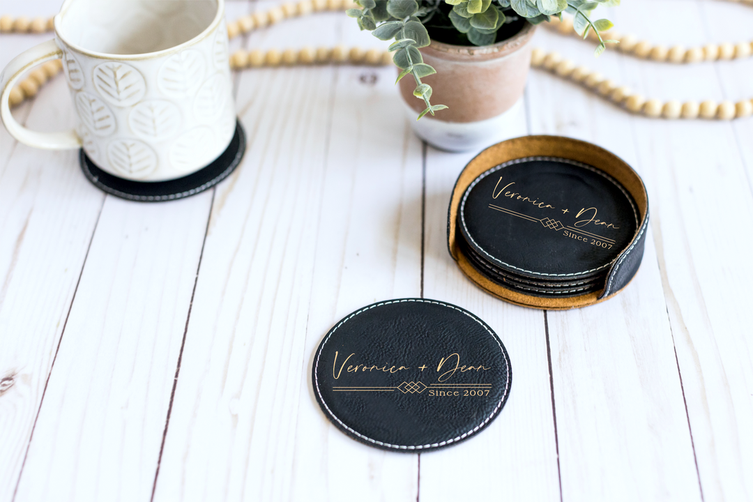 Personalized Coasters With First and Last Names. Engraved Round Leatherette Coasters