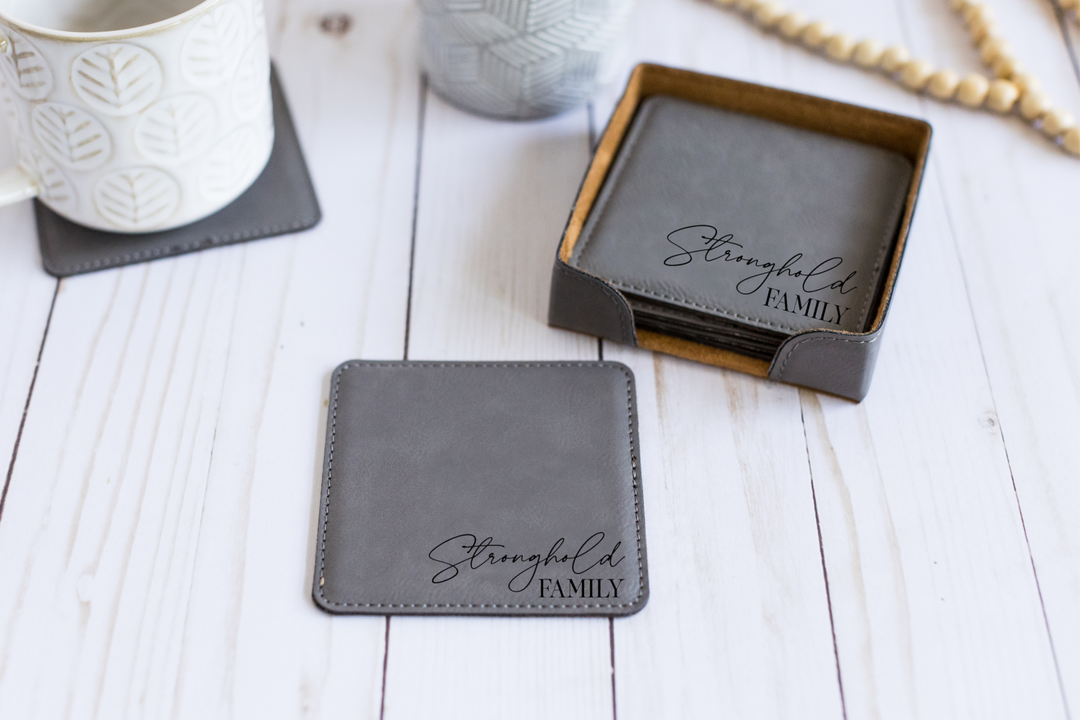 Personalized Square Coasters. Set of 6. Engraved Square Leatherette Coasters