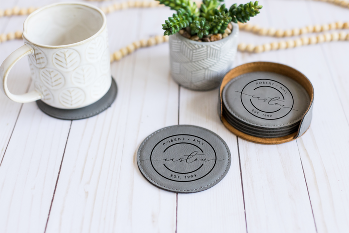 Set of 6 Round Custom Coasters With Holder. Engraved Round Leatherette Coasters