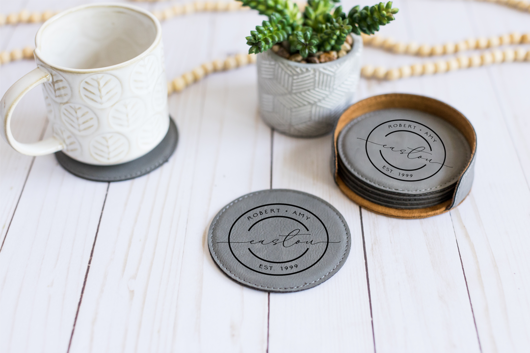 Custom Leatherette Coaster Set. Engraved Round Leatherette Coasters