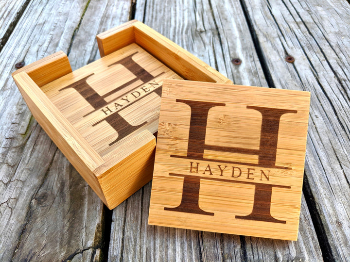 Set of 4 Custom Wooden Bamboo Coasters With Holder. Engraved Bamboo Coasters