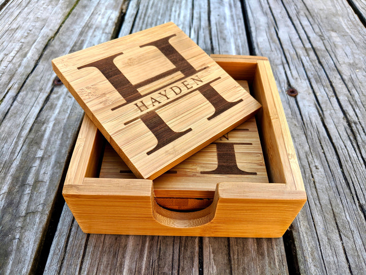Set of 4 Custom Wooden Bamboo Coasters With Holder. Engraved Bamboo Coasters