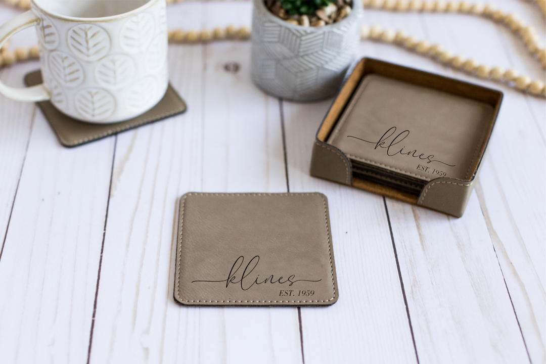 Personalized Square Coasters With Last Name. Set of 6 Coasters With Holder. Engraved Square Leatherette Coasters