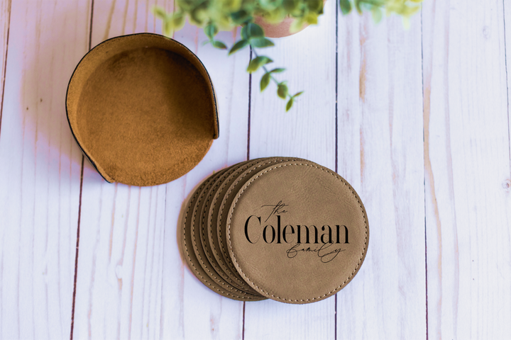Set of 6 Round Personalized Coasters With Holder. Engraved Round Leatherette Coasters