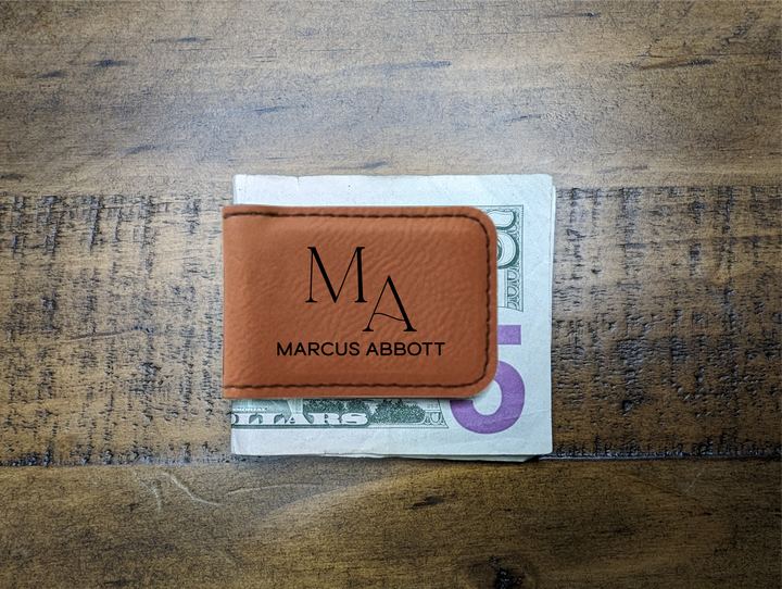Personalized Leatherette Wallet Money Clip. 7 Colors. 9 Design Choices