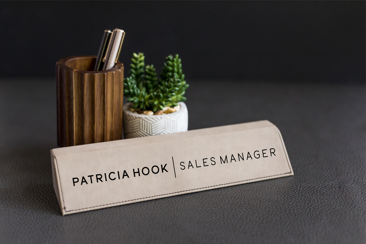 Leatherette Office Desk Name Plate. Engraved Wedge