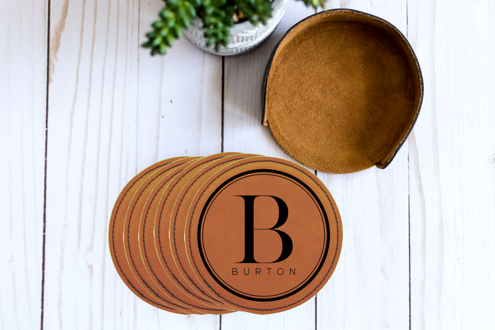 Round Personalized Coasters With Holder. Newlywed Gift. Engraved Round Leatherette Coasters