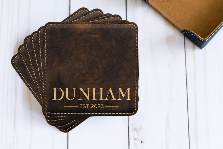 Personalized Square Coasters With Names. Set of 6. Engraved Square Leatherette Coasters
