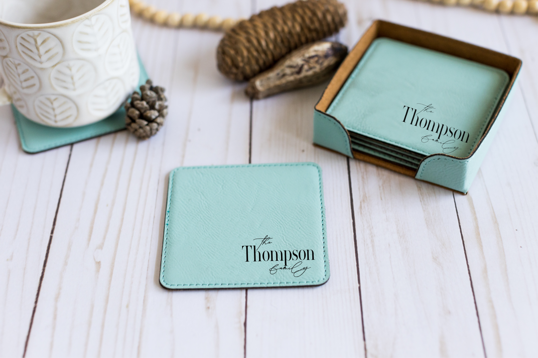 Personalized Square Coasters With Names. Set of 6. Engraved Square Leatherette Coasters