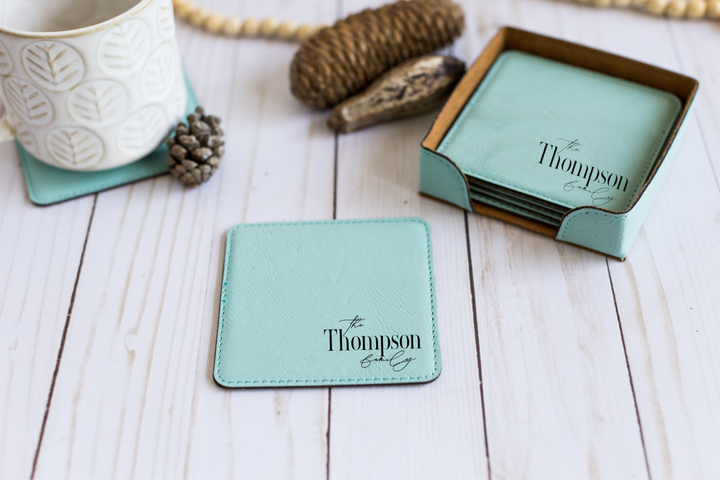 Personalized Square Coasters. Set of 6. Engraved Square Leatherette Coasters