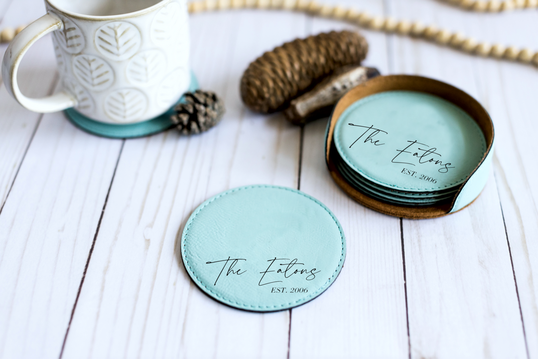 Round Personalized Coasters With Holder. Newlywed Gift. Engraved Round Leatherette Coasters