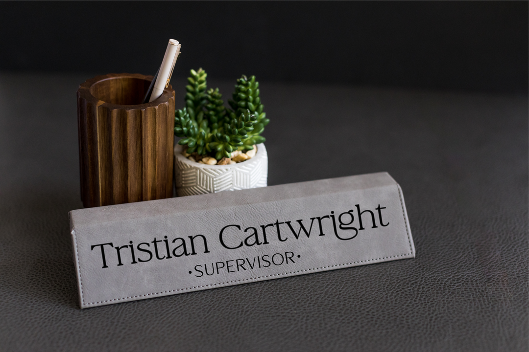 Leatherette Office Desk Name Plate. Engraved Wedge
